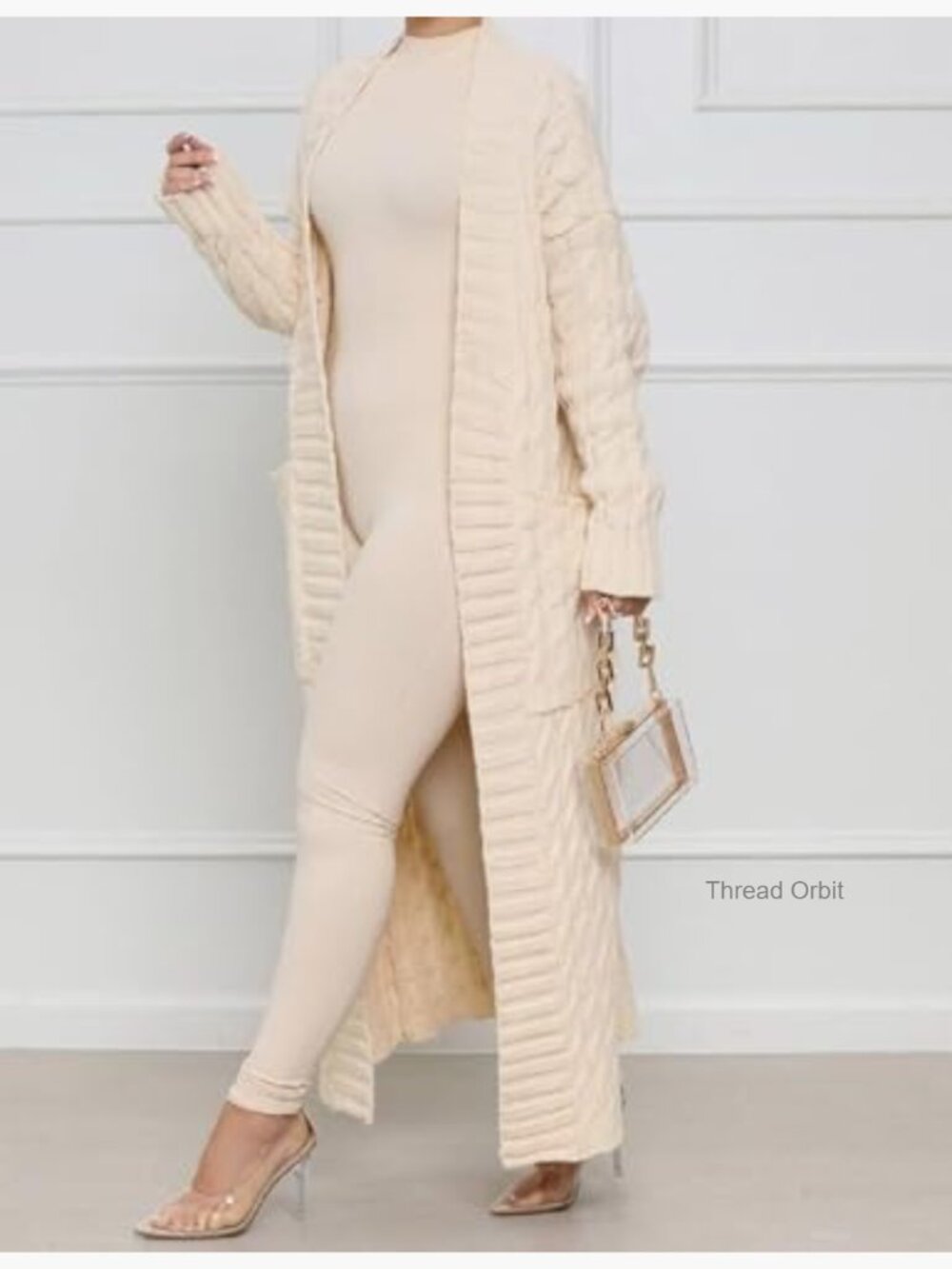 Chunky Cable Knit Open Front Cardigan with Pockets Long Maxi - Picture 3 of 5